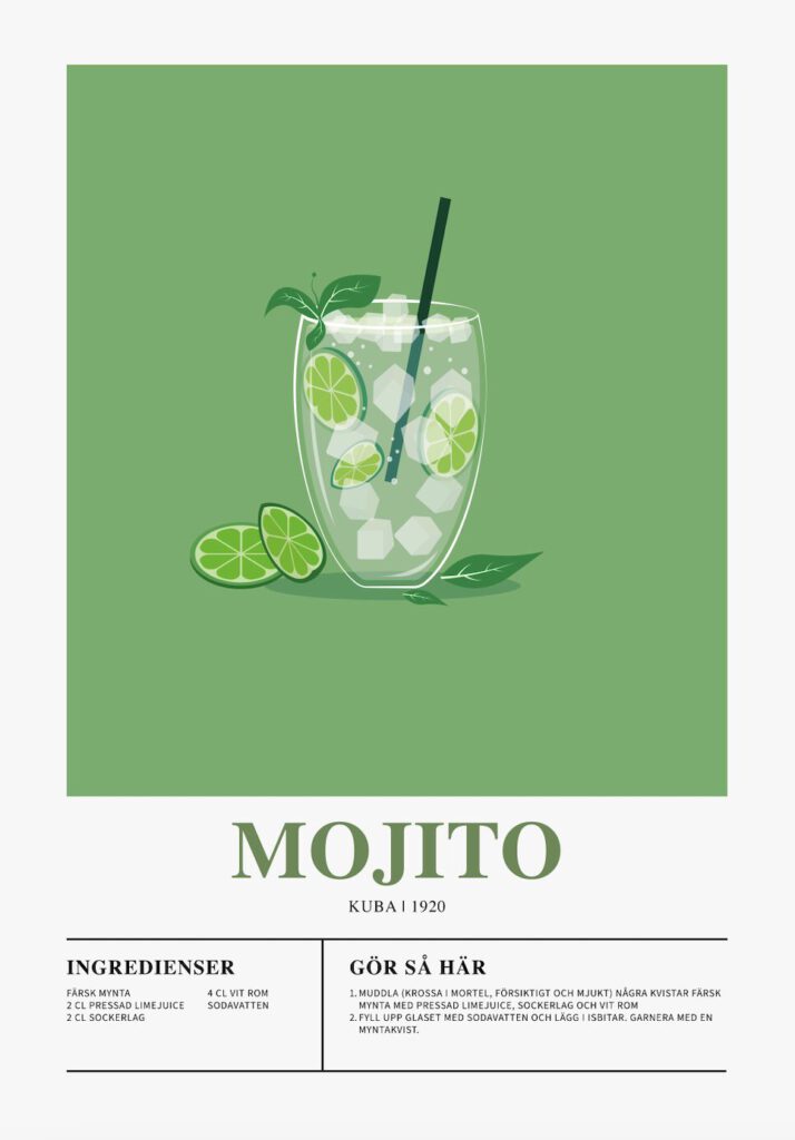 Poster som visar Ett högt glas fyllt med en Mojito mot en grön bakgrund. Glaset är dekorerat med en halm, mynta och lime. Texten "Mojito" och "Kuba 1920" syns tydligt.