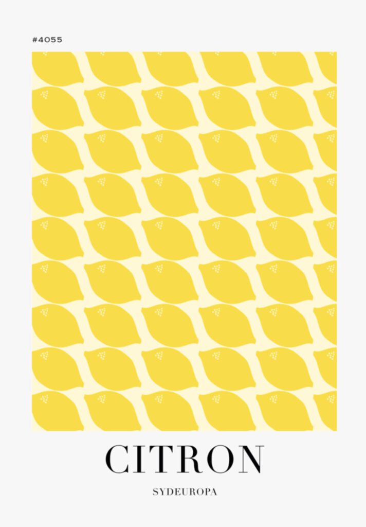 Poster som visar En minimalistisk och stilren poster med ett repetitivt mönster av gula citroner mot en beige bakgrund. Perfekt för köket eller för den som älskar frukt
