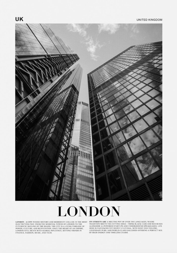 Ett svartvitt fotografi av Londons skyline med höga skyskrapor som sträcker sig mot himlen.