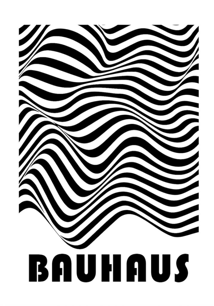 En svartvit poster med ett vågigt, randigt mönster som skapar en optisk illusion, och texten "BAUHAUS" i stort typsnitt nedtill.