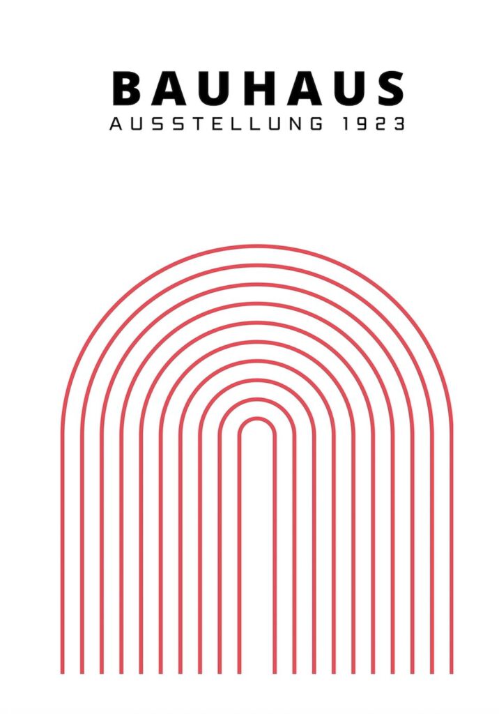 En vit poster med texten "BAUHAUS AUSSTELLUNG 1923" överst, och nedtill ett stort motiv av koncentriska, rödrosa bågformade linjer.
