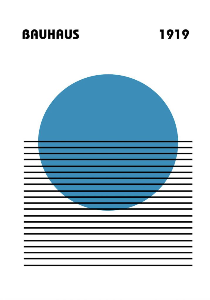 En vit Bauhaus-poster med texten "BAUHAUS" och "1919", och en stor blå cirkel som delvis täcks av horisontella svarta linjer.
