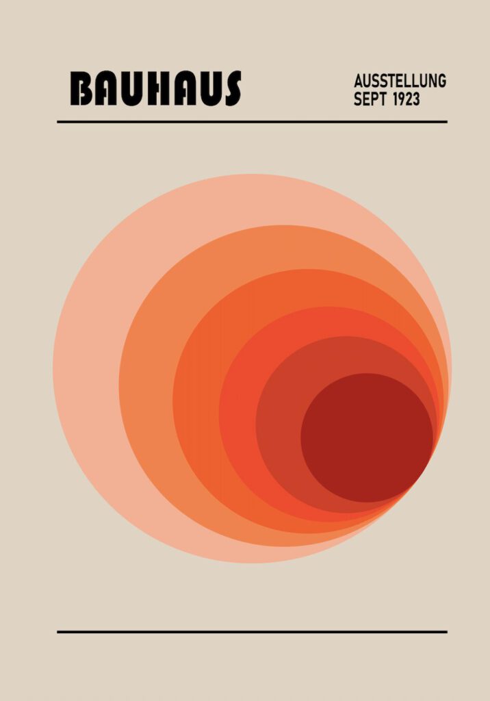 En ljusbeige Bauhaus-poster med texten "BAUHAUS" och "AUSSTELLUNG SEPT 1923" överst, och en stor liggande ellips i orange och röda färgtoner.