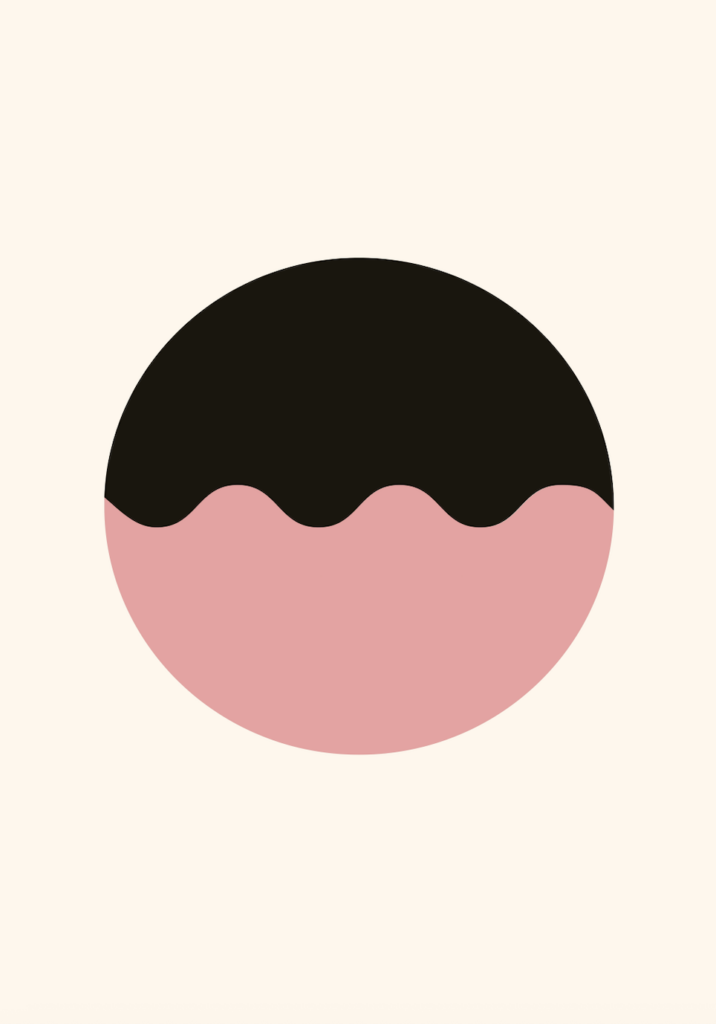 En minimalistisk illustration av en horisontell oval form med en vågig delning mellan en svart övre del och en rosa nedre del, mot en ljusbeige bakgrund.