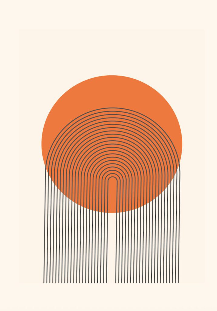 En minimalistisk abstrakt bild med en stor orange cirkel överst. Från cirkelns nedre del sträcker sig parallella mörkgrå linjer nedåt, med koncentriska U-formade bågar i mitten. Ljusbeige bakgrund.