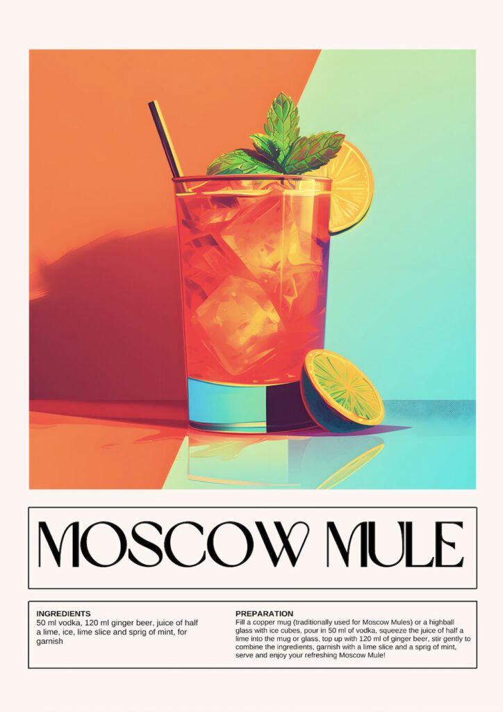 Illustration av en Moscow Mule i ett högt glas med is, myntakvist och limeskiva. Glaset står på en bakgrund av orange och blått. Recept för Moscow Mule finns under bilden.