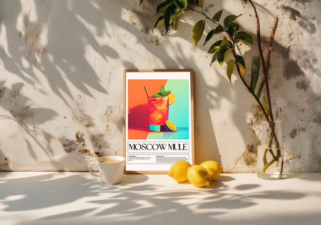 Illustration av en Moscow Mule i ett högt glas med is, myntakvist och limeskiva. Glaset står på en bakgrund av orange och blått. Recept för Moscow Mule finns under bilden.