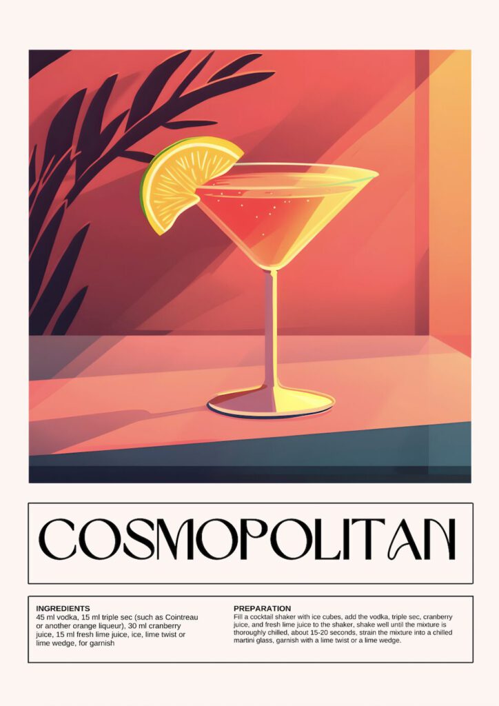 Poster med illustration av en Cosmopolitan i martiniglas med limeklyfta, mot en varm bakgrund, samt recepttext under bilden.