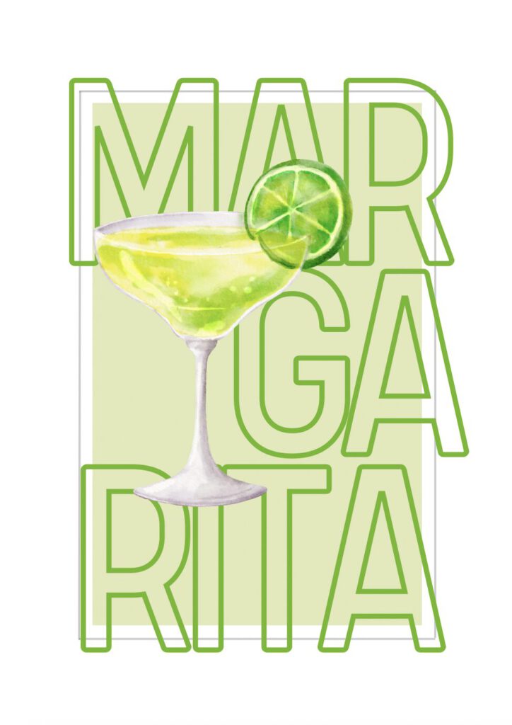 Poster med ett margaritaglas fyllt med grön cocktail och en limeskiva, med ordet “Margarita” i stora gröna bokstäver i bakgrunden.