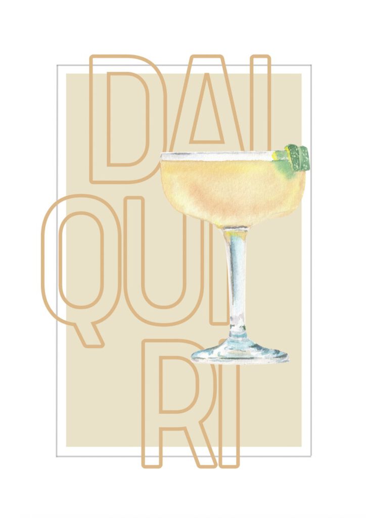 Poster med ett cocktailglas fyllt med ljusgul Daiquiri och limegarnityr, mot beige bakgrund med texten “Daiquiri” i stora grafiska bokstäver.
