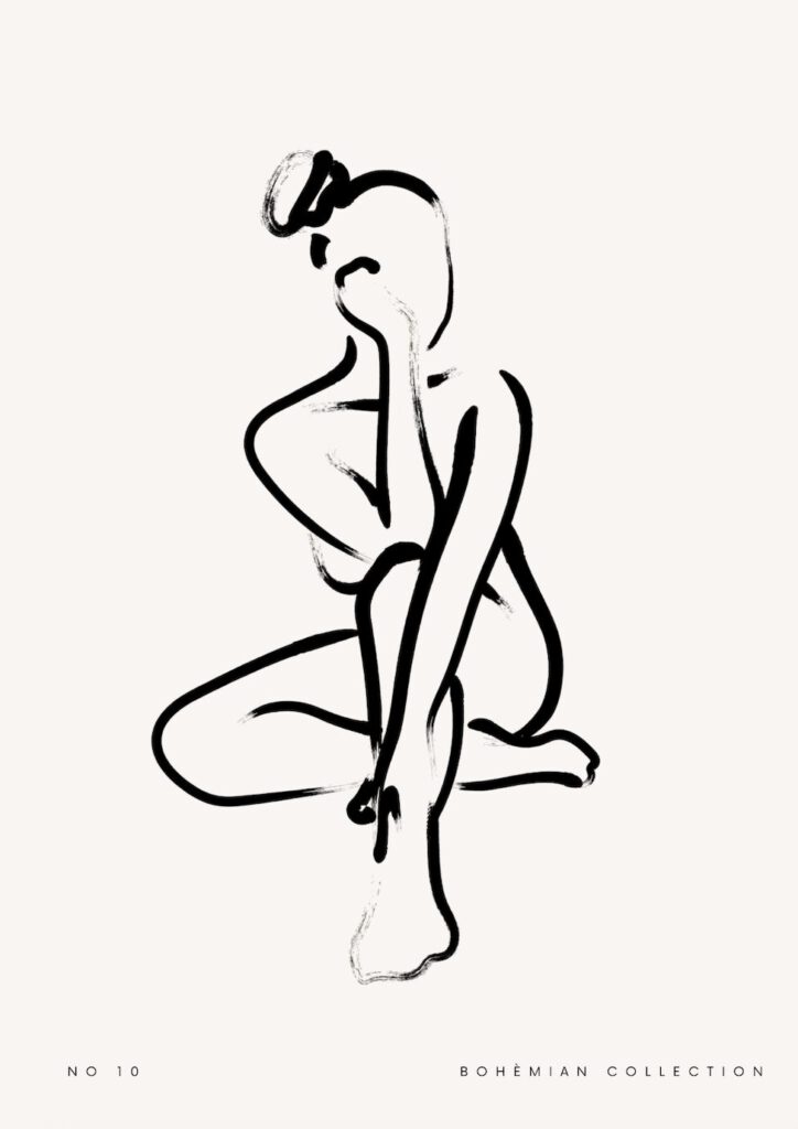 Poster med minimalistisk linjekonst av en sittande kvinna i avslappnad pose, svart tusch mot beige bakgrund. Text: “No 10 Bohemian Collection”.
