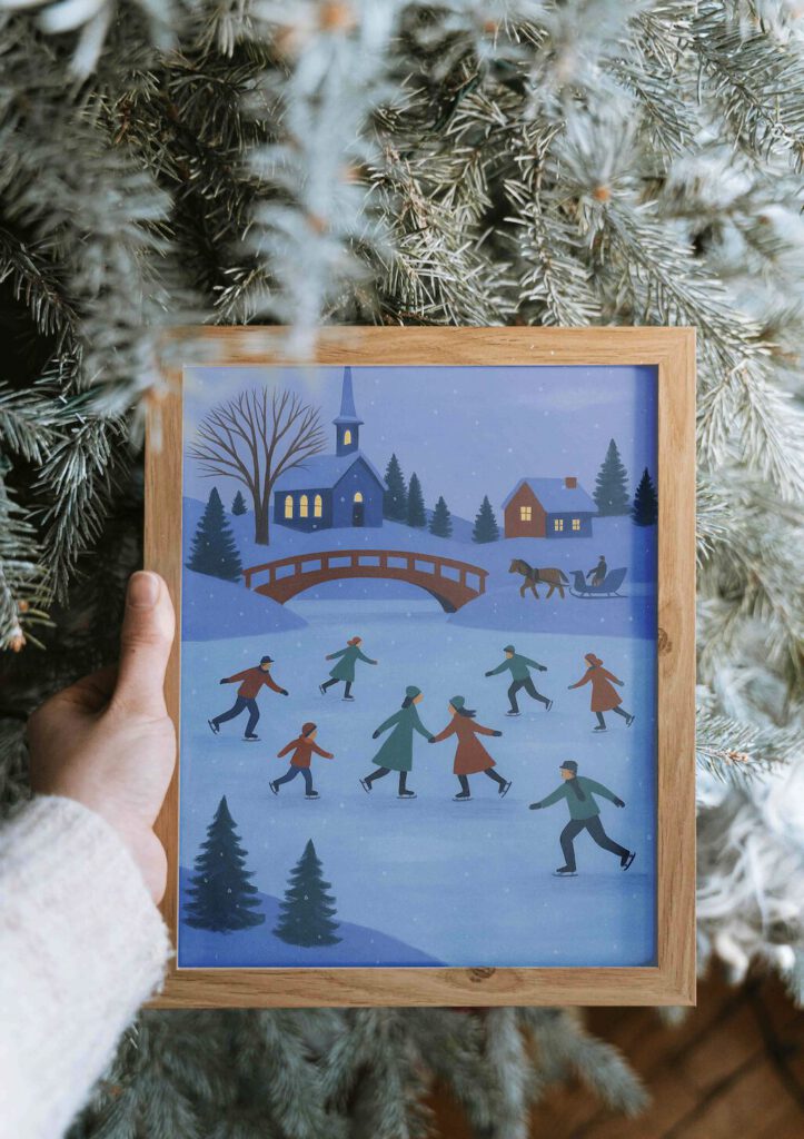 Akvarell: människor åker skridskor på frusen sjö, röd träbro, upplyst kyrka och häst med släde i snöigt vinterlandskap.