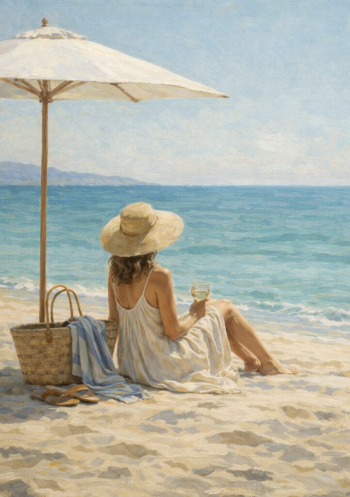 Poster med kvinna i vit klänning och solhatt som sitter på stranden med ett glas vin, bredvid ett parasoll, strandväska och havsutsikt.