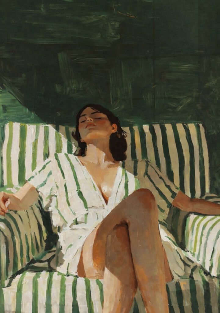 Målad poster av kvinna som sitter avslappnat i en grönrandig fåtölj i solljus, iförd vit klänning med gröna ränder i en konstnärlig målarstil.