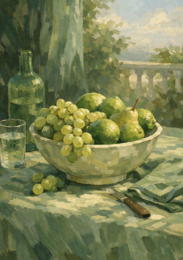 Målad poster med stilleben: skål med gröna päron och vindruvor, grön glasflaska, glas, kniv och duk på bord vid en solbelyst balkong.