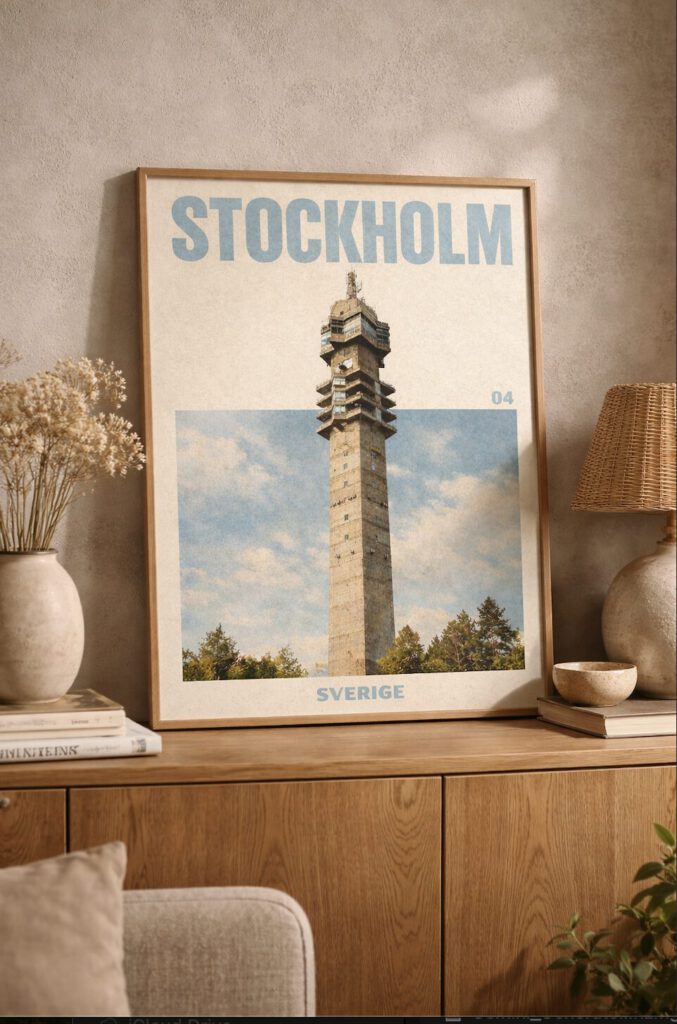Poster av Kaknästornet i Stockholm med retro design, texten Stockholm och Sverige samt blå himmel och träd längst ner i motivet.