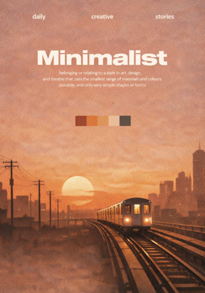 Minimalistisk poster med tåg på järnväg i stadsmiljö under orange solnedgång, med skyline i bakgrunden och varm färgpalett.