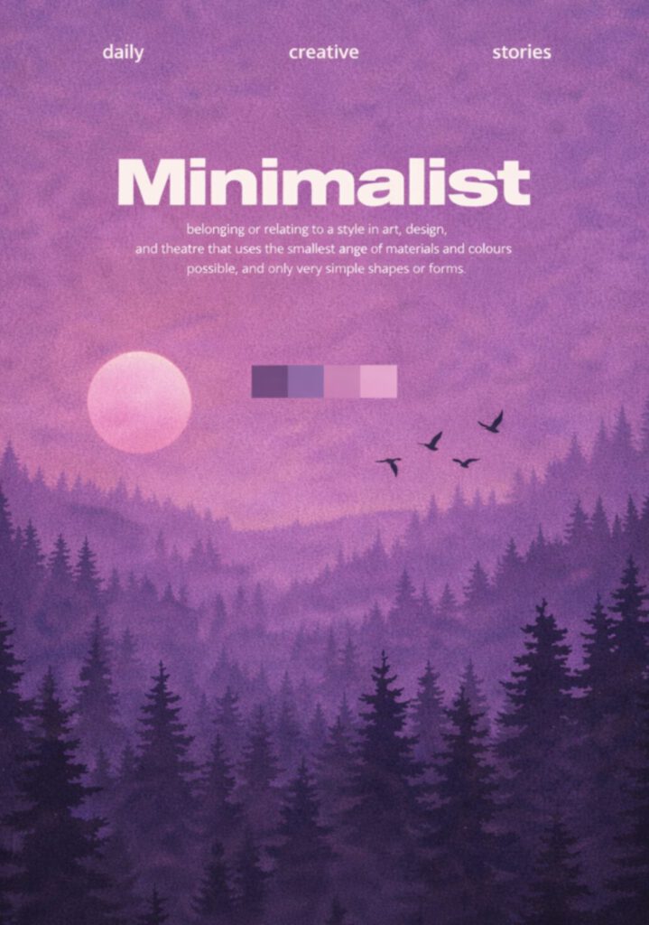 Minimalistisk poster med dimmig skog i lila toner, stor sol och fåglar över ett bergslandskap i mjuka färger.