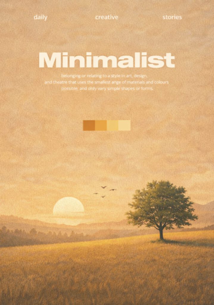 Minimalistisk poster med ensamt träd på gyllene äng i solnedgång, med mjuka berg i bakgrunden och varm färgpalett.