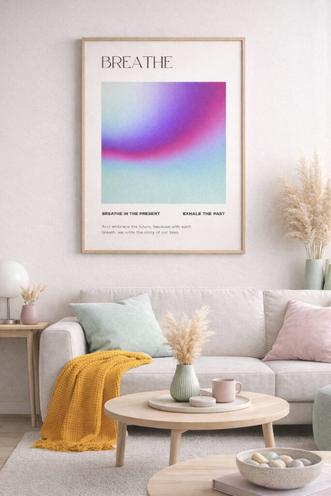Minimalistisk Breathe poster med abstrakt gradient i blå, rosa och turkos. Perfekt tavla för sovrum, kontor eller yogarum med lugn känsla.